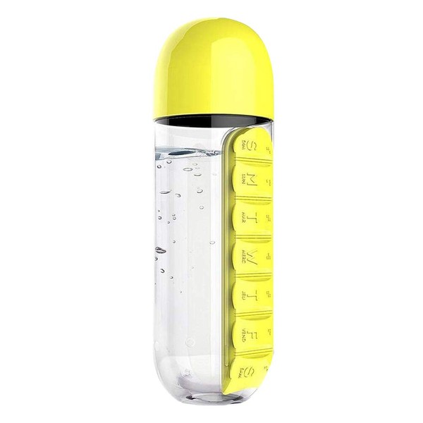 Macabolo Portable 2 in 1 Water Bottle with Pill Box for 7 Day Planning Travel Medicine Container (600ml)