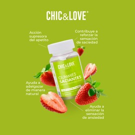 CHIC & LOVE Sättigende Gummibärchen für Damen, Sättigungsgefühl | Glutenfrei, Laktosefrei, ohne Zucker, Erdbeergeschmack | 54 Gummibärchen | 4 pro Tag empfohlen