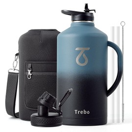 Trebo 128 oz Water Bottle Insulated with Handle, One Gallon Stainless Steel Metal Large Jug, Travel Flask with Straw Spout Lid, Mug Tumbler Cup with Carry Pouch, Keep Cold Hot, Indigo Black