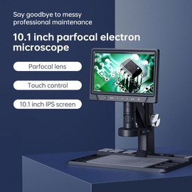 SZJMS 10.1" Digital Microscope 1600X, IPS Touch Screen Coin Microscope, 1080P 12MP Soldering Microscope with 30 Adjustable LED Lights, Parfocal Lens, Wireless Remote Control, PC Compatible