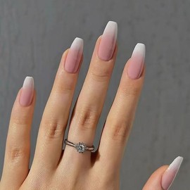 Ombre Nude French Press On Nails - IKISKT Fashion Acrylic False Nails, Glue On Nails with Jelly Glue Sticker,Fit Perfectly & Natural Stick On Nails - 24PCS Soft UV Gel Fake Nails Kit, Nude Gradient