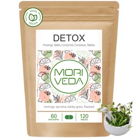 MoriVeda Moringa Detox Tablets 900 mg Pack of 120 with Moringa, Flaxseed, Barley Grass and Spirulina for Detoxification and Detoxification, Vegan and Gluten-Free Pack of 120