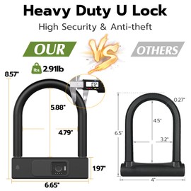 Dhiedas Bike U Lock with Fingerprint, Heavy Duty Anti Theft Smart Bike Cable U Lock with Key, 18.4mm Shackle with 5ft Cable Electric Waterproof Bicycle Lock for Road, Mountain, Electric & Folding Bike