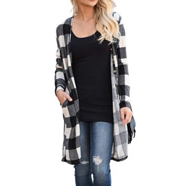 Lacozy Women's Open Front Long Knit Cardigan Draped Snap Buffalo Plaid Shirt Kimono Cardigan Sweater Black White S