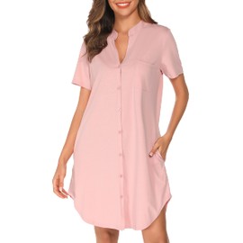 Vlazom Women's Nightdress Turn-Down Collar with Buttons Short Sleeve Nightdress with Chest Pocket, Style B-pink