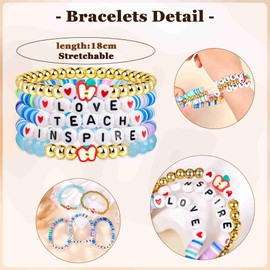 Masedy 5PCS Teacher Appreciation Bracelets for Women Stackable Beaded Stretch Bracelet Colorful Love Teach Inspire Elastic Heishi Clay Bracelets Thank You Teacher Back to School Jewelry Gift Blue