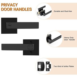 Probrico 3 Pack| Matte Black Square Privacy Door Levers Heady Duty Interior Door Handles, Keyless Locks Reversible Handlesets for Bed/Bath