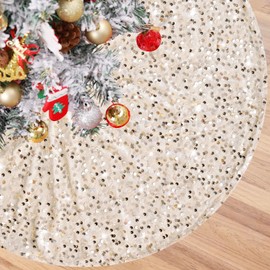 B-COOL 48 Inch Christmas Tree Skirt Sequin Tree Skirts Embroidered Velvet Tree Skirt Champagne Gold for Soft Elegant Christmas Decorations and Ornaments Home Decor