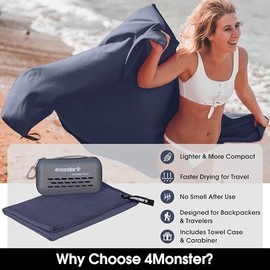 4Monster Toallas de camping súper absorbentes, toalla de viaje de microfibra de secado rápido, ultra suave, compacta, toalla de gimnasio para playa, senderismo, yoga, viajes, mochila deportiva (azul marino, XS (30 cm x 50 cm))