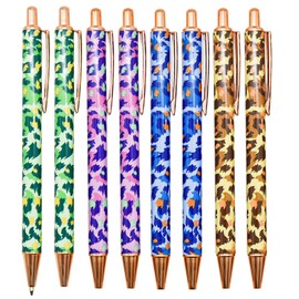 Lopenle 8 PCS Metal Camouflage Pens Leopard Ballpoint Pen Fancy Cheetah Pens For Women Military Pen Camping Pens Army Pattern Pens Black Ink For School Office