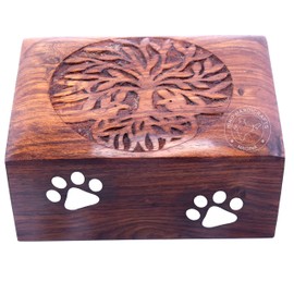 Hind Handicrafts Brass Paw Inlaid Rosewood Pet Urn for Dogs Cats Memorial Keepsake Urns for Ashes, Photo Wooden Box Cremation Urn (Medium : 7.5" x 5.5" x 3.5" - 100lbs or 45kg, Tree of Lfe)
