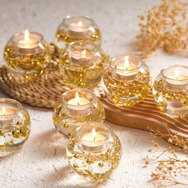 Reallnaive 8 Pcs Glass Clear Votive Floating Candle Holders with 8 Pcs Bright Pearl String Beads, Tealight Bowl Candle Holder for Dinning Room Party Tables Centerpiece Wedding Christmas Decor (Gold)