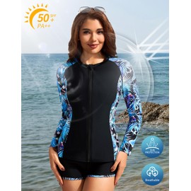 Womens Long Sleeve Bathing Suit with Bra Cups Rash Guard Sun Protection Floral Printed Surfing Swimsuit SPF Shirts Tops Blue Leaf L