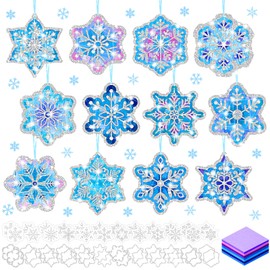 DoubleFill 60 Sets Snowflakes Suncatchers Craft Kit Bulk Winter Snowflakes Tissue Paper Craft Make Your Own Snowflake Stained Glass Ornament Crafts for Window Art Activities Xmas Decoration