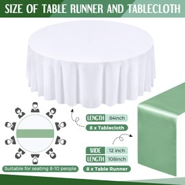 Tudomro 16 Pcs White and Sage Green Round Plastic Tablecloth and Satin Table Runner Set 84 Inch Round Covers 12 x 108 Inch Table Runners for Christmas Wedding Birthday Party Baby Shower