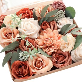Floroom Terracota Flores Artificiales Rosas Falsas Naranja Quemado Peonías Dalias Verdes Combo Caja para Ramos de Boda, Centros de Mesa, Arreglos Florales, Mesas de Fiesta, Decoración del Hogar