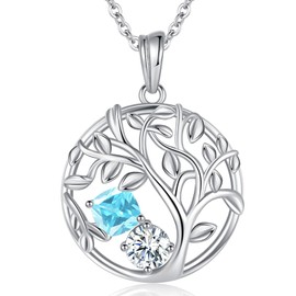 ETERMBOL Tree of Life Necklace 925 Sterling Silver Tree of Life Pendant Aquamarine Birthstone Necklace for Women Gifts for GF, Mother's Day Gift Jewelry