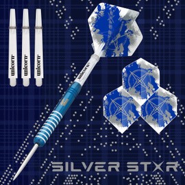 Unicorn Steel Tip Darts Set | Gary Anderson Blue Silver Star | 80% Tungsten Barrels with Titanium Coating | 27 g