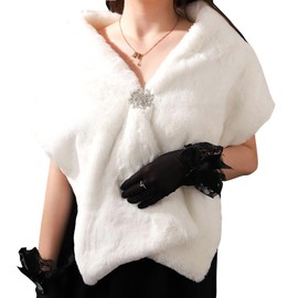 Wedding Fur Shawls and Wraps Women's Fur Scarf Faux Bridal Fur Stole with Brooch for Brides and Bridesmaids, White, Large