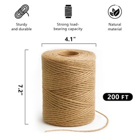 Jute Rope 5mm (0.2 Inch) Diameter - 200 Feet Natural Twisted 4-Ply Heavy Duty Twine - Thick & Sturdy Hemp Rope for Crafts, Gardening, Climbing, DIY, Packing, Christmas Decorations (5mm Thick 200 Feet)