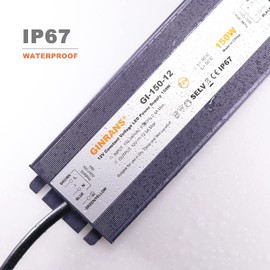 GINRANS 150W IP67 Waterproof LED Power Supply, Universal Input AC100-240VAC with Plug, 12V DC 12.5A Max. Constant Voltage Output LED Transformer Driver for Outdoor LED Lights
