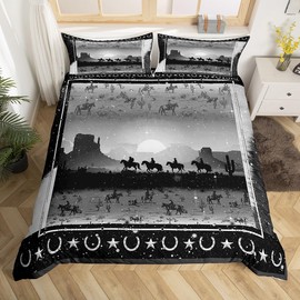 Feelyou Grey Western Comforter Cover Set Queen Size Wild Western Cowboy Bedding Set Horse Setting Sun Glitter Bedding Duvet Cover Set Horseshoes West Texas Star Bedspread Cover 3Pcs(No Comforter)