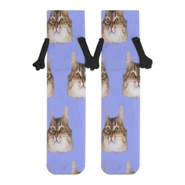 1 Pair Soft Socks Black Holding Hands, Compression Knee High Stockings Long Athletic Circulation 16x3.9 in Print Cat's Heads on Blue Seamless