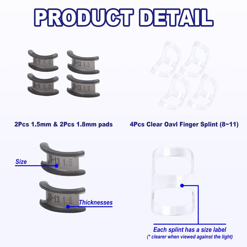 RonJea 8Pcs Clear Oval Finger Splints & Click-Lock Adjustment Kit,