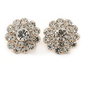 17mm Clear Crystal Flower Stud Earrings In Gold Tone Metal