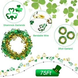 CCINEE 75 Feet St Patricks Day Tinsel Garland, Green Wire Tinsel Shamrock Garlands for Wreath Making Irish Wreath Party Ornaments 3 Roll