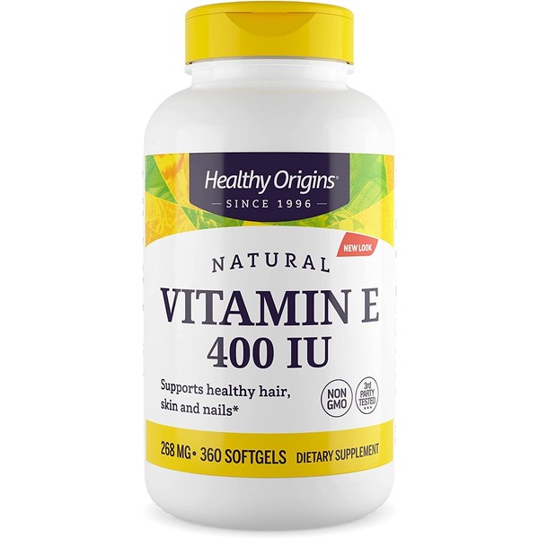 Healthy Origins Vitamin E, 400 IU with Naturally Sourced Mixed Tocopherols - Vitamin E Supplement - Non-GMO & Gluten-Free Skin, Hair, & Nails Vitamin - 360 Softgels