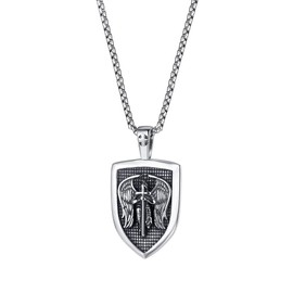 PikaLF Angel Wings Necklace for Men, Wings Sword Cross Pendant Necklace with 23.6 Inch Chain, Saint Michael the Archangel Amulet Necklace, Shield Necklace, Punk Angel Jewellery, NO