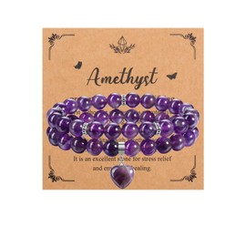 JSDDE 2pcs Amethyst Heart Crystal Bracelet for Women Healing Crystal Bracelet Set Gemstone Beads Bracelets Jewellery Gifts for Birthday Valentines Christmas