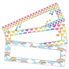 30 Pcs Self Adhesive Name Tags, Name Plates in 3 Styles, Rainbow,Star,Dots theme Students Desk Labels Tags for Classrooms, Storage Box Labels，Classroom Office Decorations and Supplies - A01