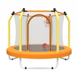 LuckyMoon 55-Inch Kids Trampoline with Basketball Hoop, Indoor & Outdoor Toddler Trampoline with Safety Enclosure Net, ASTM Approved Mini Trampoline for Boys and Girls, Max Load 110 lbs