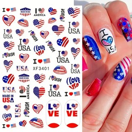 8 Sheets 4th of July Nail Art Stickers 3D Patriotic Nail Decals USA Flag Independence Day Nail Stickers for Nail Art Decorations Self-Adhesive American Flag Nail Art Design Supplies for Women Girls