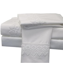 Royal Tradition Made in USA- Soft Cotton Bed Sheets, Embroidered White Alejandra Queen Size Sheet Set