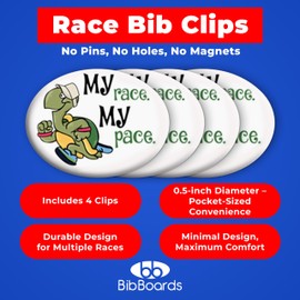 BibBoards Safety Lock Race Bib Clips - Snap & Lock Bib Fasteners for Runners, Non Magnetic Bib Holder, Marathon, Running & Cycling, Eliminate Safety Pins, Event Clips, My Race My Pace Turtle - 4 Pack