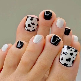 Resweky Pack of 24 French Square Fake Fingernails Black Leopard False Toe Nails White Shiny Print on Lace Nail Tips for Women and Girls