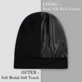LULUSILK 100% Mulberry Silk Lined Sleep Cap Silk Bonnet for Sleeping, No More Frizzy Tangled Hair, Stay On All Night Adjustable Silk Hair Wrap for Sleeping, Black, Pack of 1