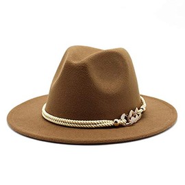 Gossifan Lady Fashion Wide Brim Felt Fedora Panama Hat with Ring Belt Khaki