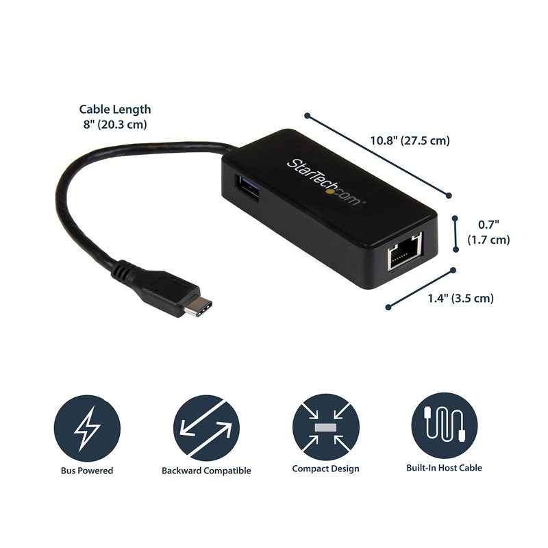 StarTech.com USB C to Gigabit Network Adapter with Extra Port