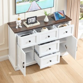 HDDDZSW 5+2 Dresser for Bedroom, White Dressers Storage with Wooden Drawers and Cross Door, TV Stand Chest of Drawers for Bedroom, Living Room