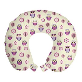 Lunarable Owls Travel Pillow Neck Rest, Owl Cartoon Pattern Feminine Soft Colors Happy Springtime, Memory Foam Traveling Accessory for Airplane and Car, 12", Rose Pale Yellow Purple