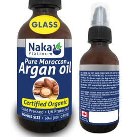Naka Platinum Pure Moroccan Argan Oil, Certified Organic, Cold Pressed + UV Protected, For Hair Skin and Nails, Made in Canada (50+10ml FREE)