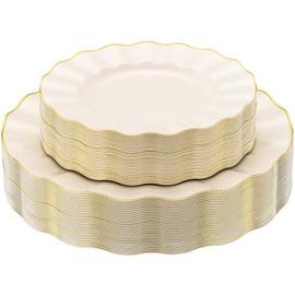 ISFANGCO 60Pcs Heavy Weight Ivory Plastic Plates with Gold Trim, Heavy Duty Wedding Plates, Elegant Disposable Plate Sets include 30 10" Dinner & 30 7" Dessert Plates for Party & Wedding(30 Guests)