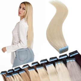 22 inches SEGO Tape in Hair Extensions Human Hair 40 Pieces [#60 Platinum Blonde] Real Remy Hairpieces Invisible Straight Skin Weft Seamless Natural (100g)