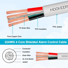 MOOKEERF 200FT 22/4 Fire Security Burglar Station Sound Alarm Control Cable Wire,22 AWG 4 Conductors Plenum-Rated CL3P Shielded Pure Copper Stranded for Low Voltage Applications Use
