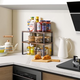 YMYNY Cabinet Shelf Organizer, Extendable Countertop Shelves Set of 2, Kitchen Spice Racks, Stackable, Storage Racks for Cupboard, Sink, Pantry, Bathroom, Rustic Brown, Metal, UHSR002H