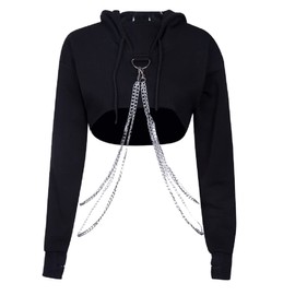 Kisswow Women's Gothic Harness Crop Hoodie – Black Goth Emo Long Sleeve Streetwear Punk Top with Chain